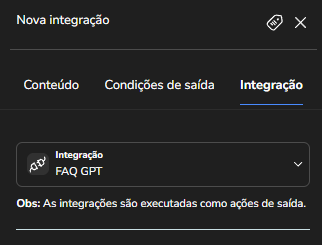 Aba de integração no Builder com a integração FAQ GPT selecionada