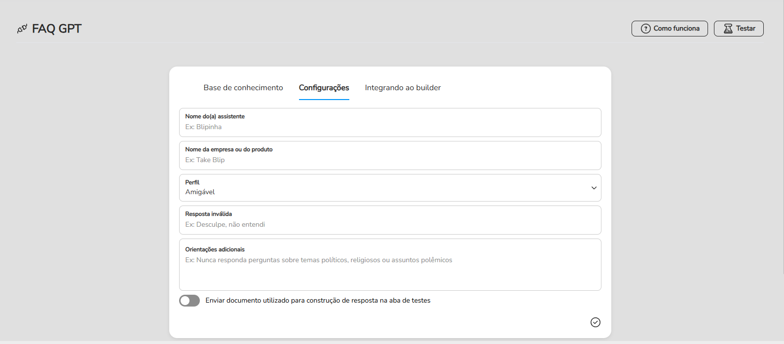Aba Configurações da FAQ GPT com os campos do assistente