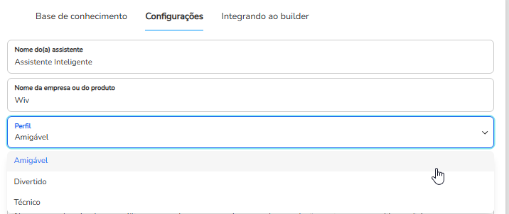 Campo Perfil com as opções Amigável, Divertido e Técnico