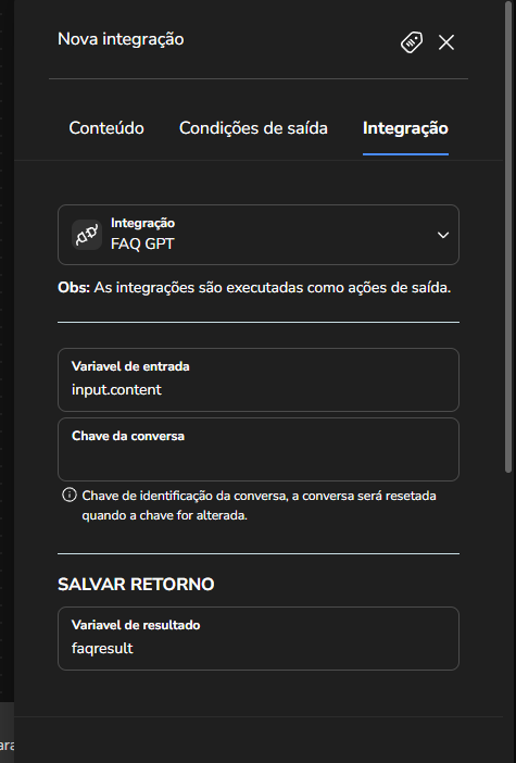 Configuração da variável de resultado do bloco de integração da FAQ GPT