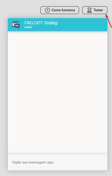 Botão Testar no topo do painel da FAQ GPT