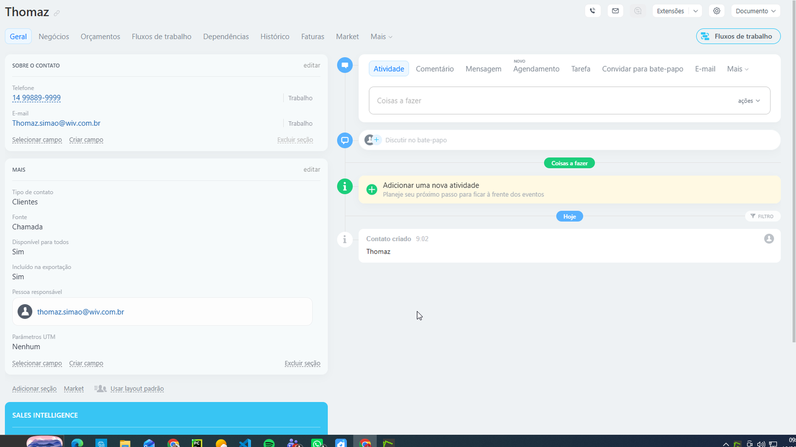 Registro criado no CRM Bitrix24 após o teste do fluxo com a integração