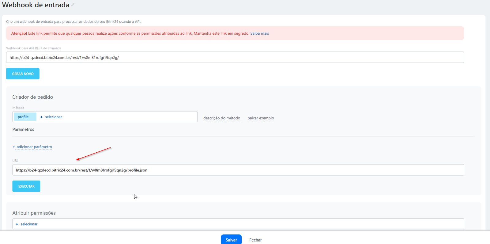 Tela de configuração do webhook no Bitrix24 com o link de acesso a ser copiado