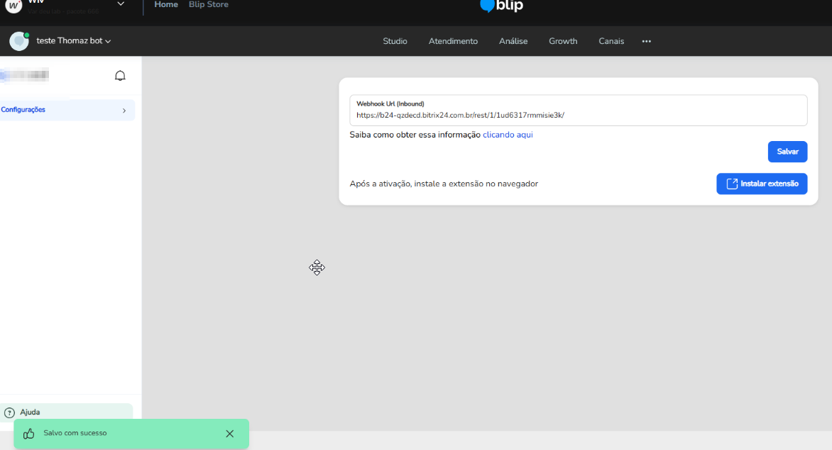 Campo Webhook Url (Inbound) na tela de configuração da extensão Bitrix24 no Blip