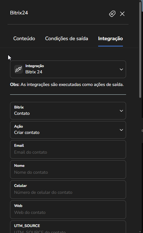 Configuração da ação do Bitrix24 no Builder, com a escolha do tipo de registro e da ação