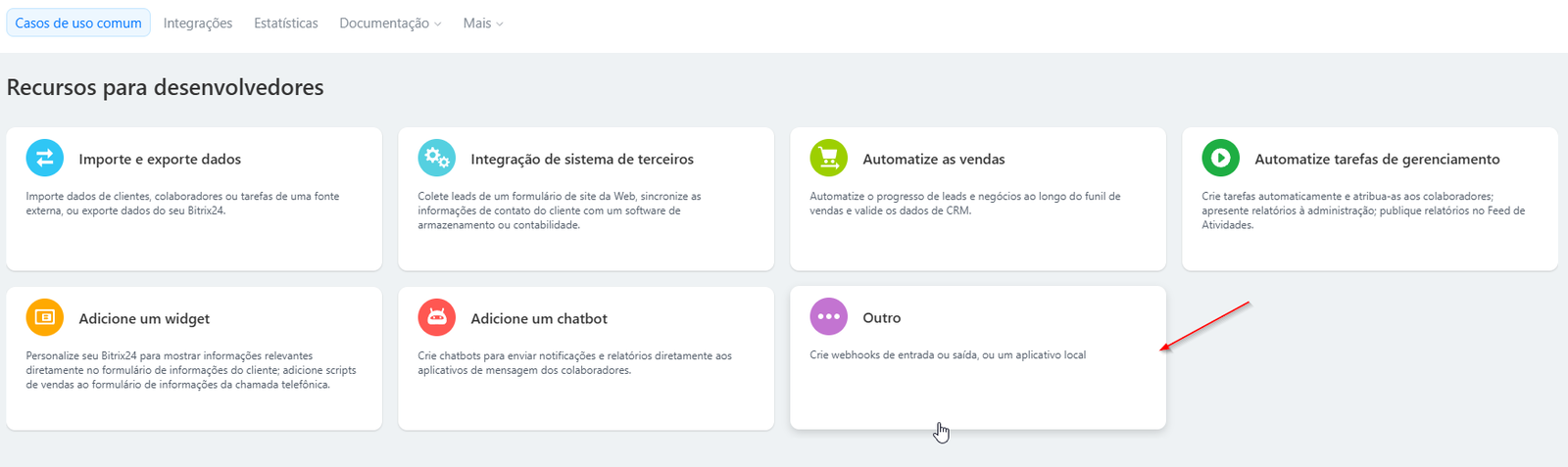 Opção Outro selecionada na tela de recursos para desenvolvedor do Bitrix24
