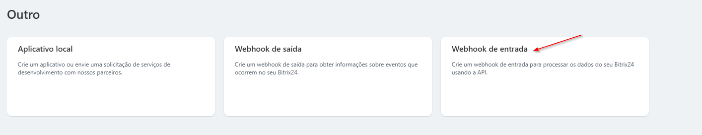 Opção Webhook de entrada em destaque entre os recursos para desenvolvedor do Bitrix24