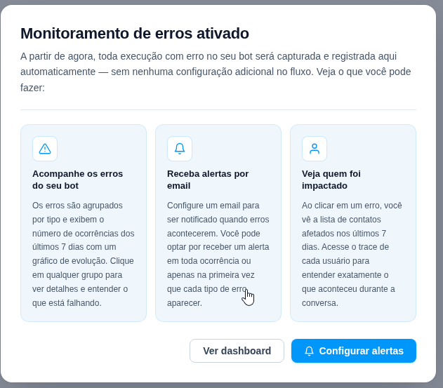 Painel de monitoramento de erros da extensão aberto no bot