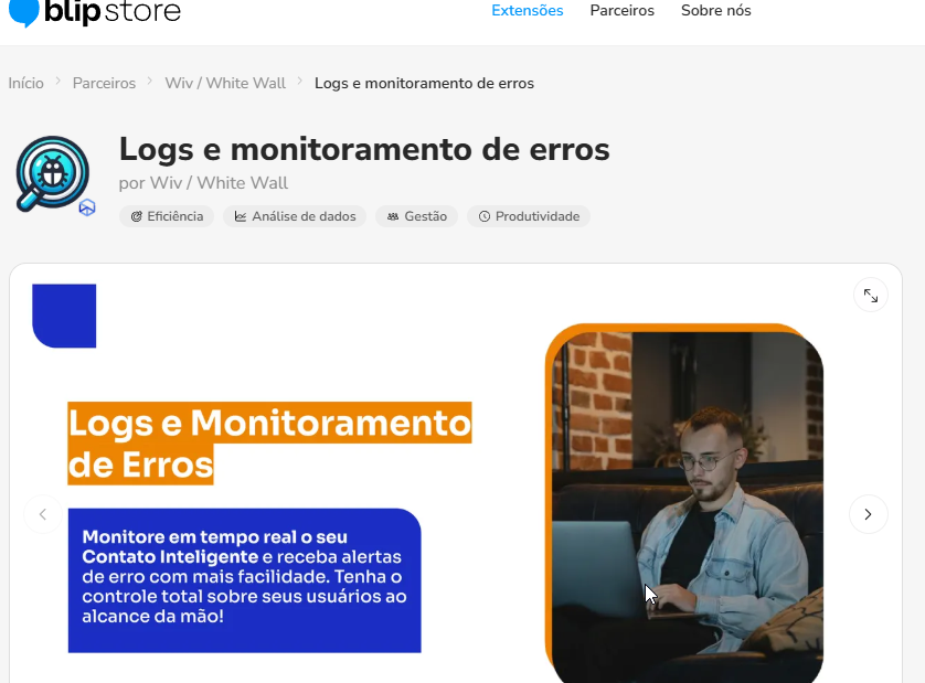 Página da extensão Logs e monitoramento de erros na Blip Store