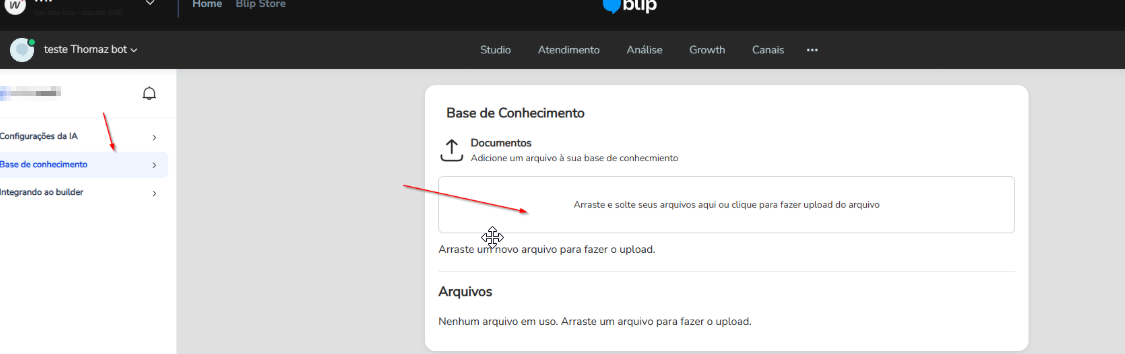 Aba Base de conhecimento com a área Documentos para enviar arquivos