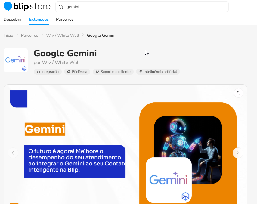 Extensão Google Gemini na Blip Store com o botão Instalar