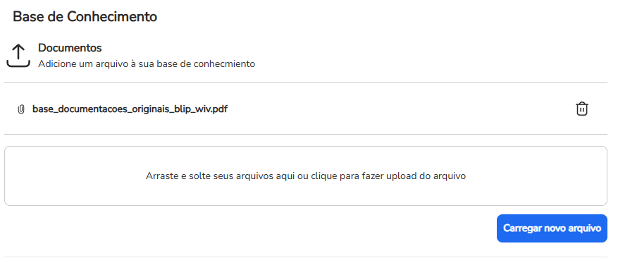 Lista de arquivos carregados na base de conhecimento, cada um com o botão de remover