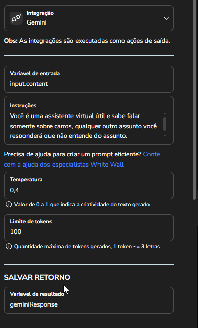 Variável de resultado definida no bloco de integração do Google Gemini