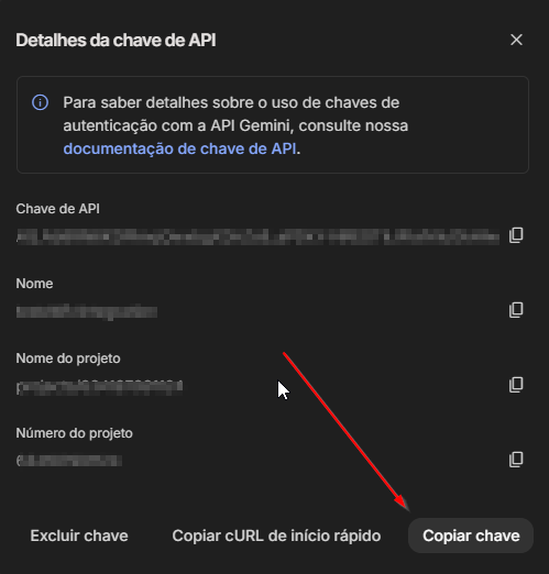Chave de API gerada no Google AI Studio, pronta para copiar