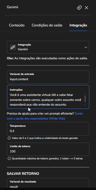Campos de configuração do bloco de integração do Google Gemini no Builder