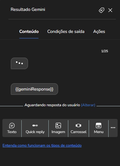 Variável da resposta do Gemini usada em um bloco de conteúdo no fluxo