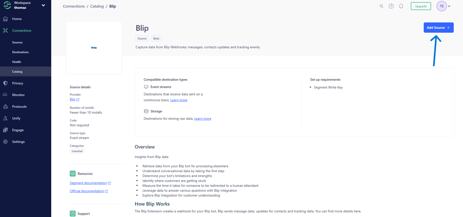 Página da fonte Blip no Segment com o botão Add source para adicioná-la
