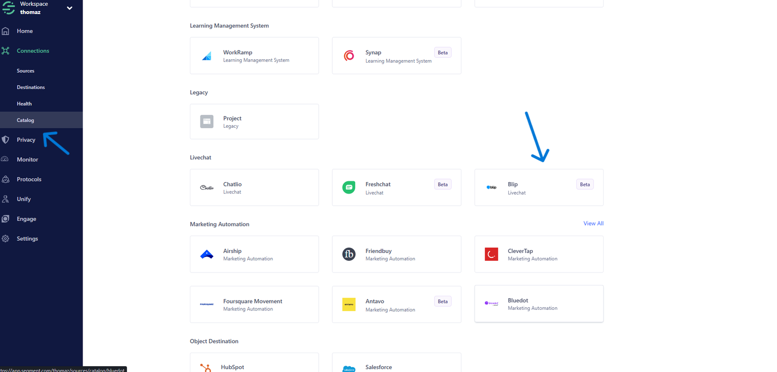 Busca pela fonte Blip na aba Catalog do Segment
