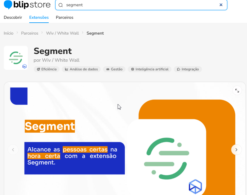 Página da extensão Segment na Blip Store