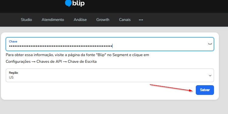 Campo Chave no painel da extensão Segment na Blip para informar a Write Key