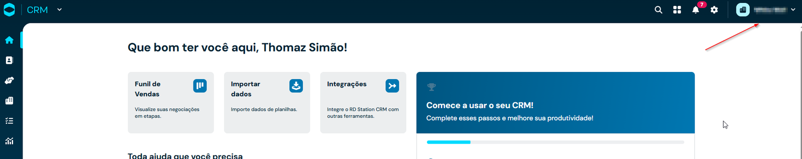 Menu de configurações da conta do RD Station CRM, aberto pelo nome do usuário no canto superior direito