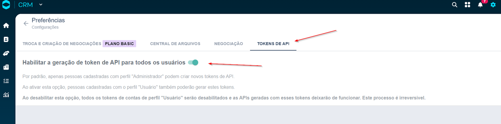 Opção de habilitar a geração de tokens de API para os usuários no RD Station CRM