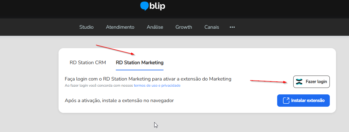 Botão Fazer login com o RD Station Marketing na aba RD Station Marketing da extensão
