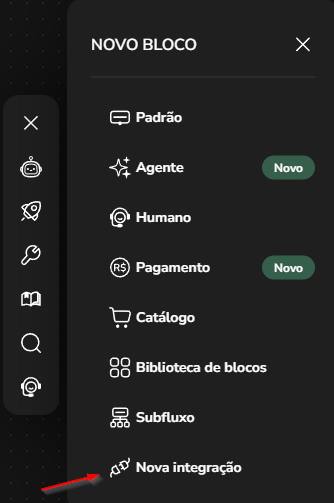 Bloco de Nova integração criado no fluxo do Builder
