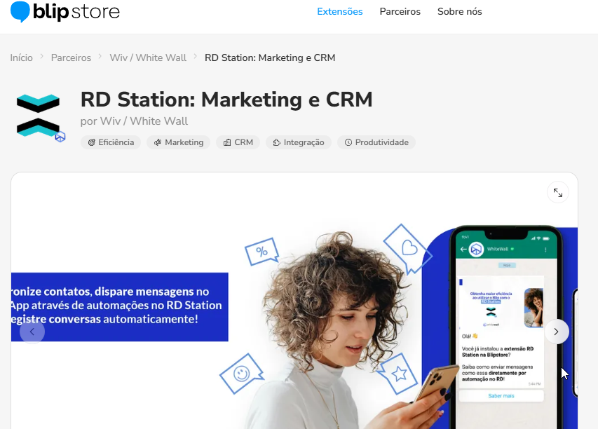 Tela de instalação da extensão RD Station na Blip Store, com a seleção do bot ou Roteador