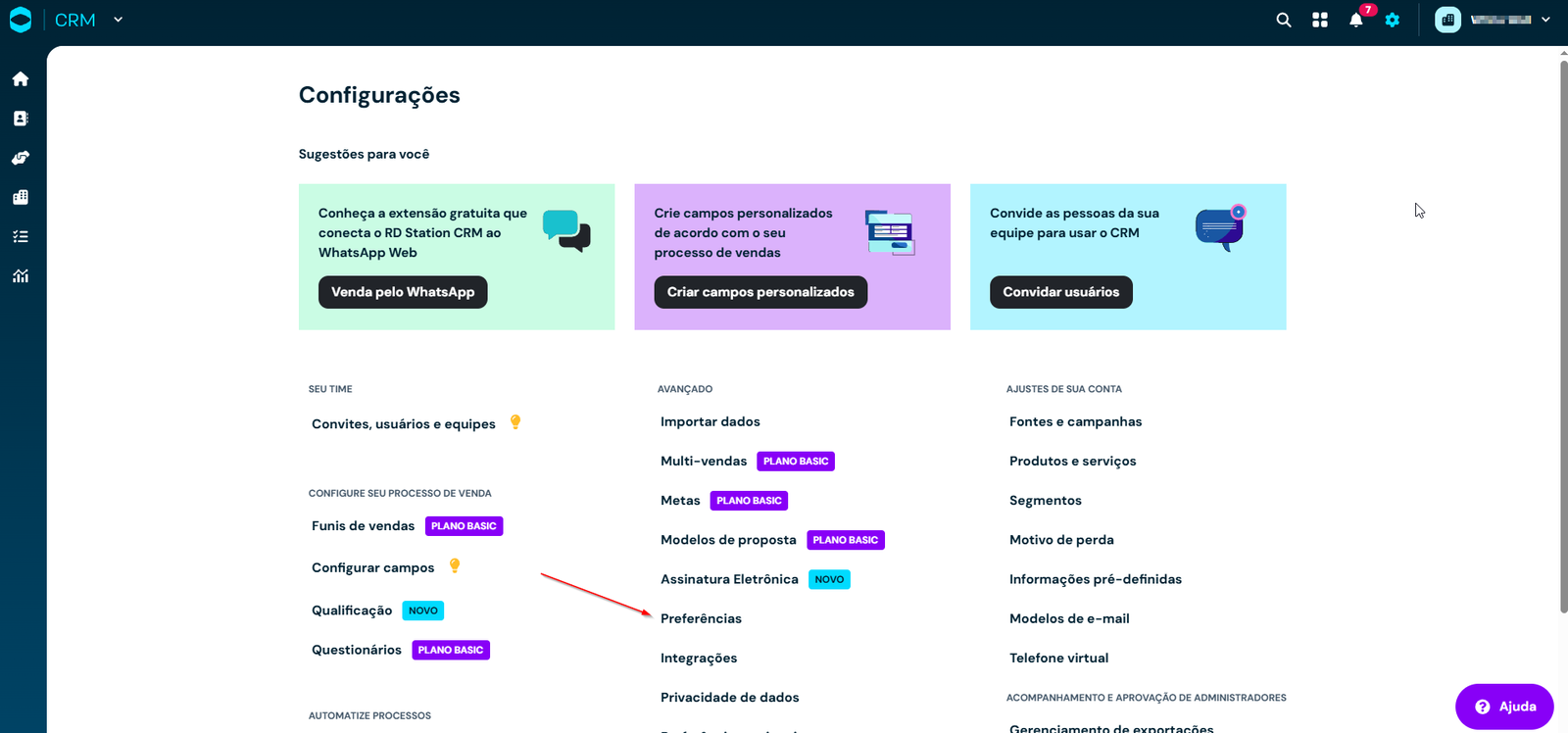 Opção Tokens de API nas preferências do RD Station CRM