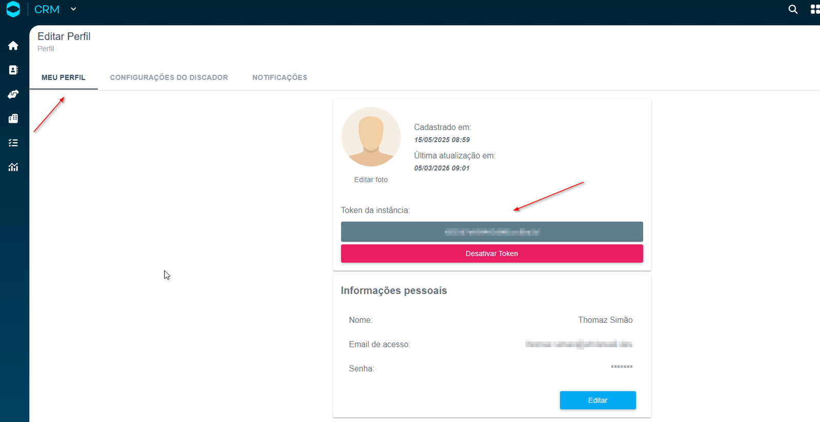 Token de API gerado e exibido para cópia no RD Station CRM