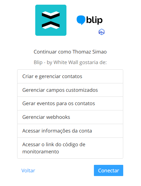Tela de autorização de acesso do RD Station Marketing à extensão da Wiv