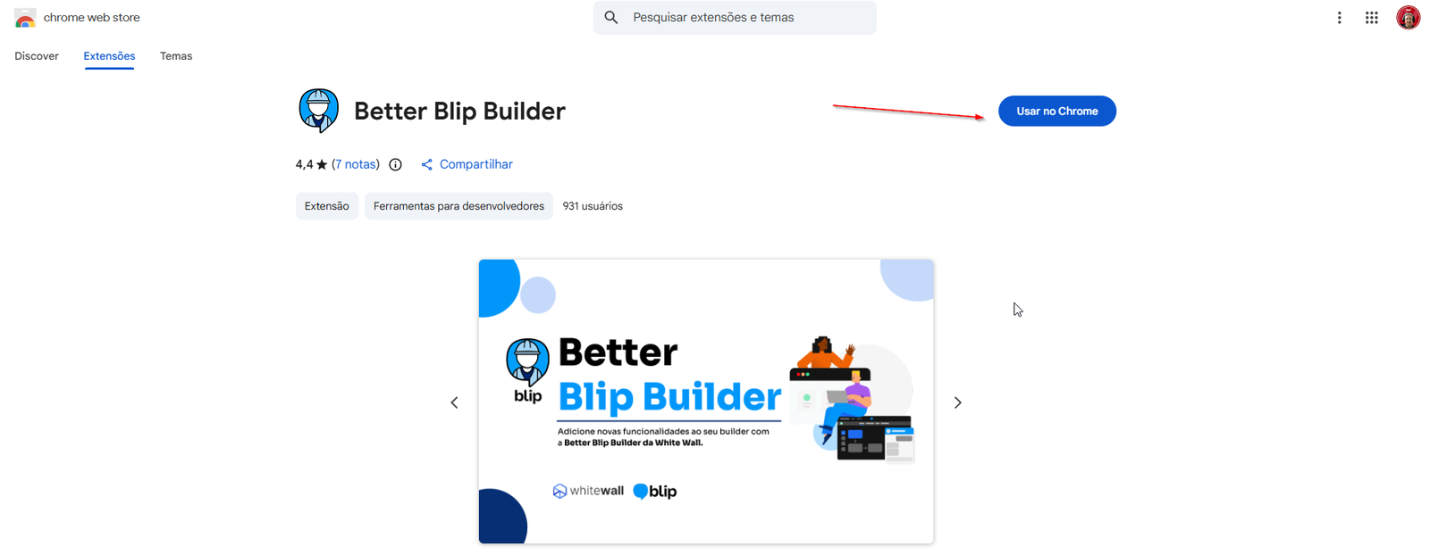 Nova guia da loja do Chrome com o complemento do Builder da Blip