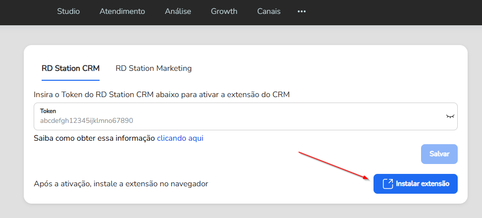 Botão Instalar extensão na tela de configuração da extensão RD Station na Blip