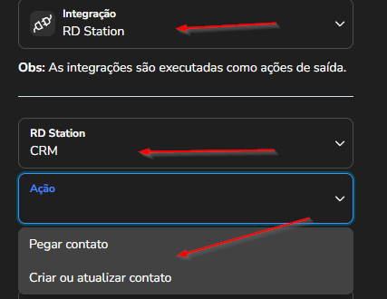Seleção da integração RD Station, com a escolha entre CRM e Marketing e a ação desejada