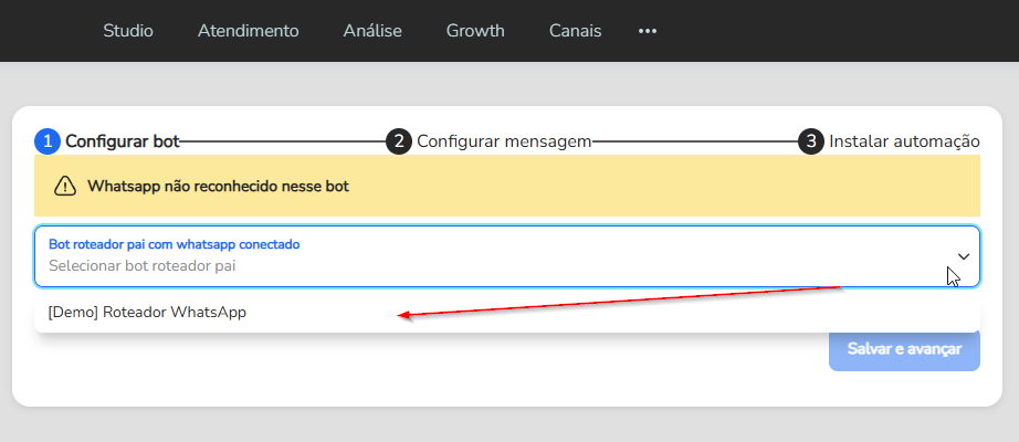 Seleção do Bot roteador pai com o WhatsApp conectado na configuração do disparo