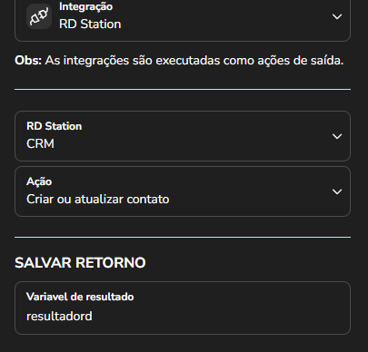 Tela de configuração dos campos da ação do RD Station, relacionando cada campo aos dados do contato no Builder