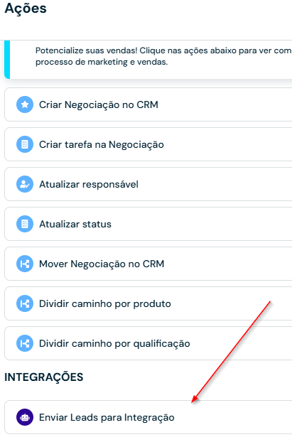 Menu de ações da automação com a opção Enviar Leads para Integração na categoria Caminho do Lead