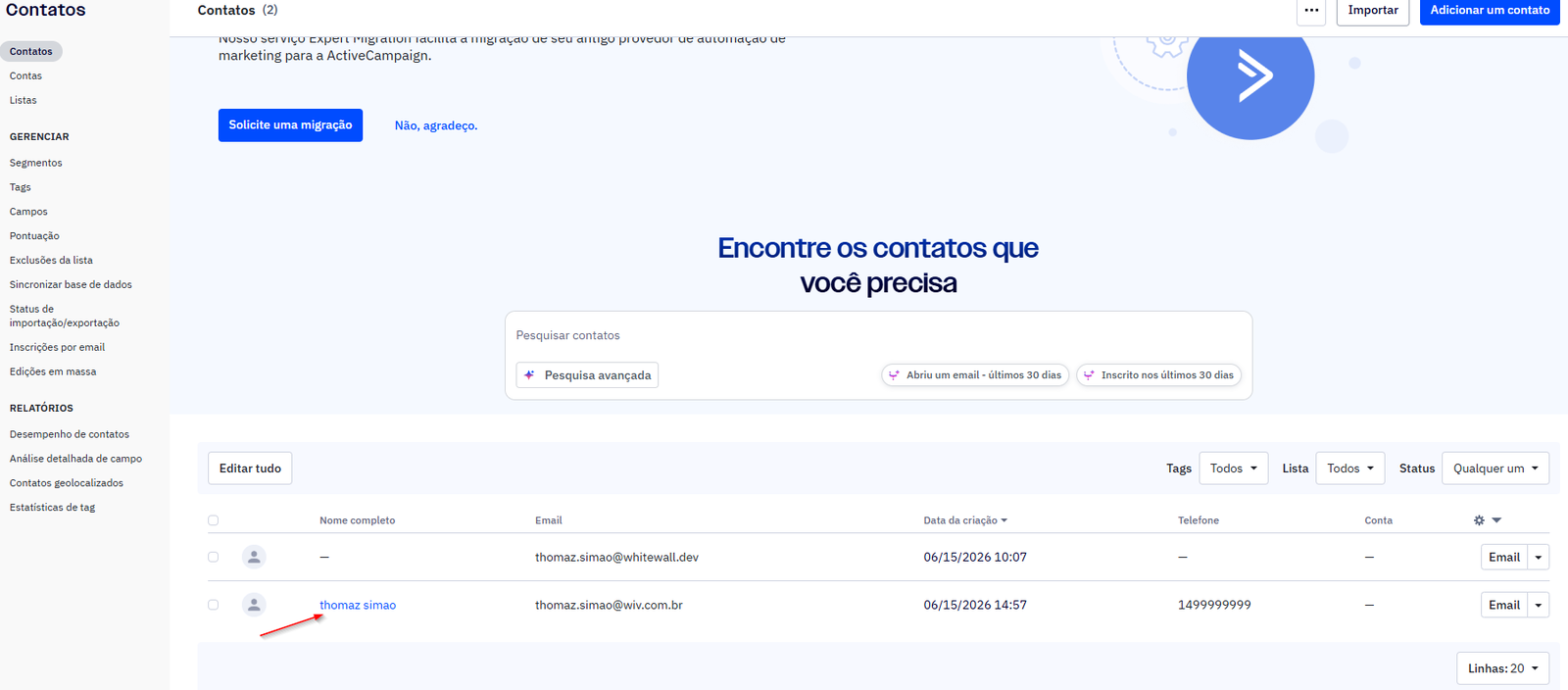Detalhes do contato no ActiveCampaign com nome, telefone e campos personalizados atualizados