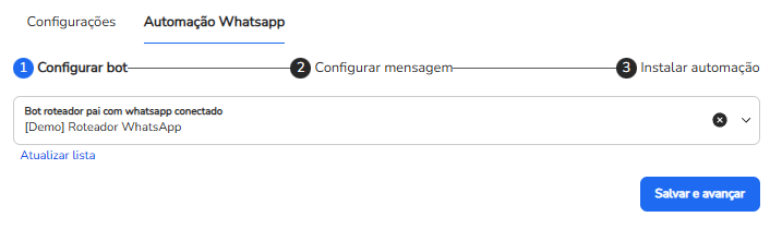Aba Automação Whatsapp da extensão com a etapa Configurar bot