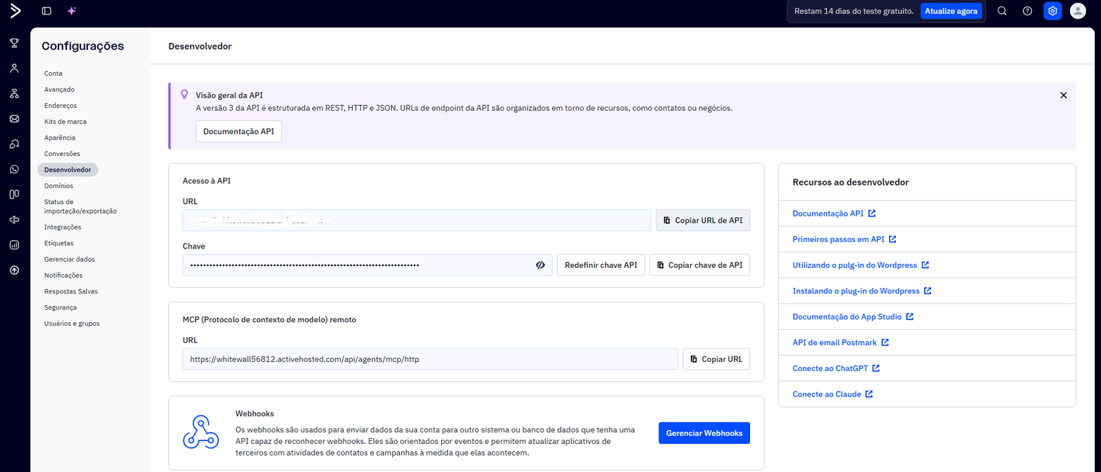 Página de Configurações do ActiveCampaign na seção Desenvolvedor, com a URL da API e a chave da API