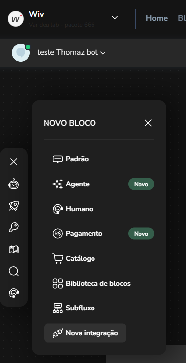 Menu de nova integração no Builder com a aba Integrações aberta
