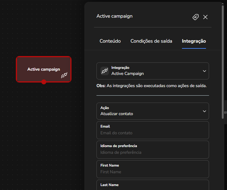 Extensão Active Campaign na lista de integrações do Builder