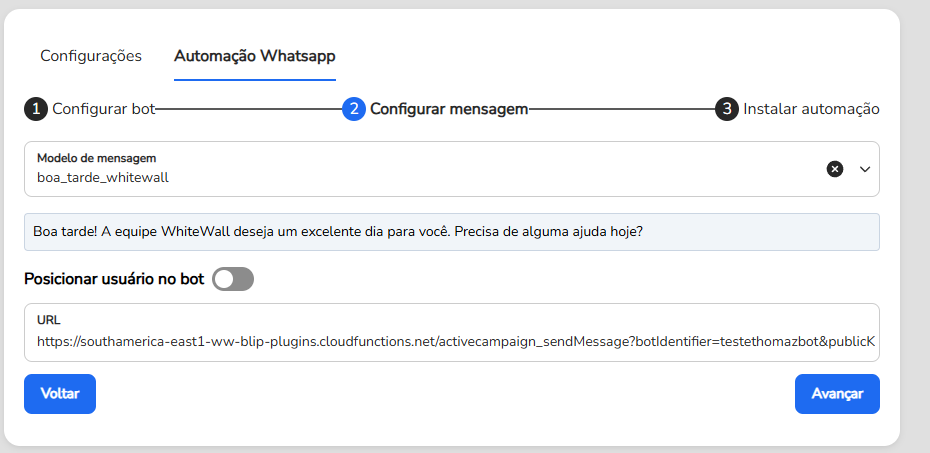 Etapa Configurar mensagem com o campo Modelo de mensagem para selecionar o modelo aprovado