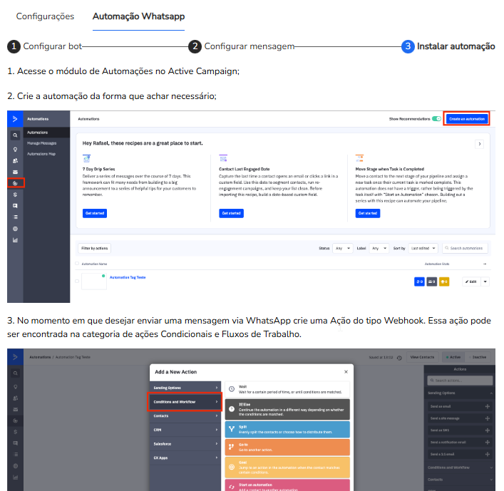 Ação de Webhook em uma automação do ActiveCampaign com a URL colada
