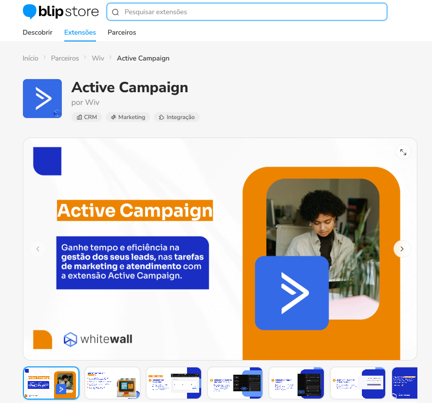 Menu de três pontos no canto superior direito do bot na Blip, com a extensão Active Campaign na lista