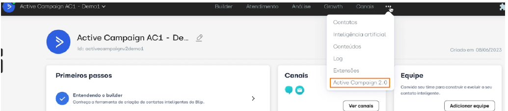 Tela da extensão Active Campaign aberta na aba Configurações