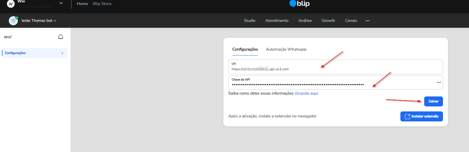 Aba Configurações da extensão com os campos Url e Chave de API preenchidos e o botão Salvar