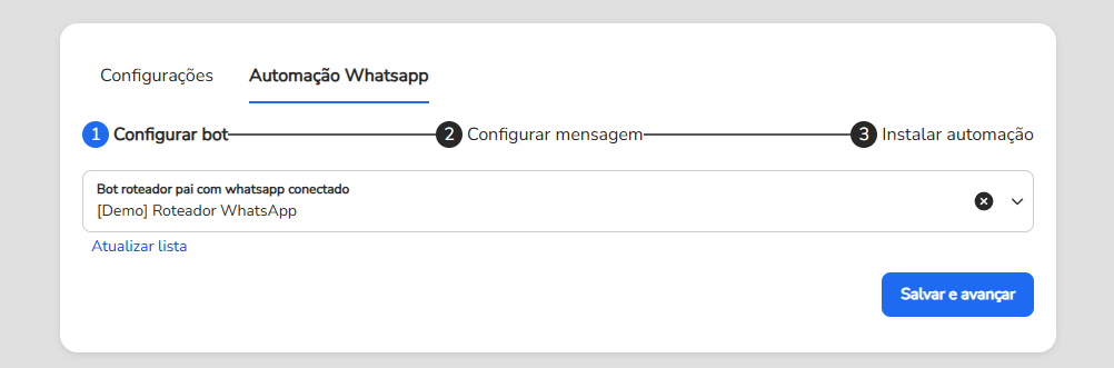 Seleção do bot roteador pai com WhatsApp conectado na etapa Configurar bot