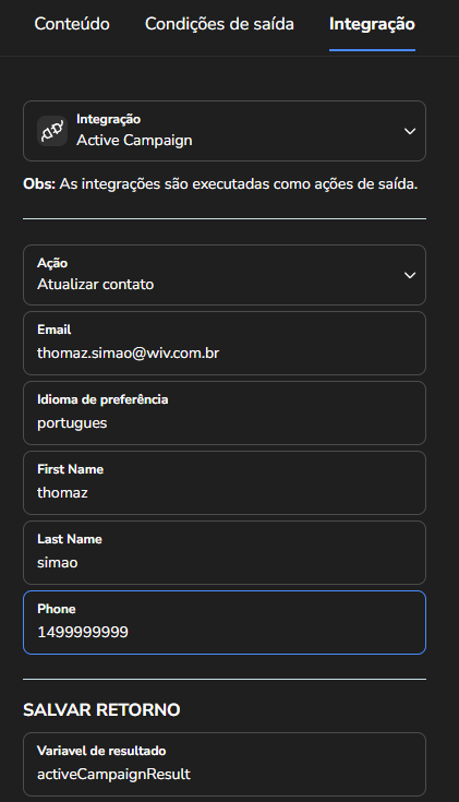 Área Contatos do ActiveCampaign com o contato criado pelo fluxo